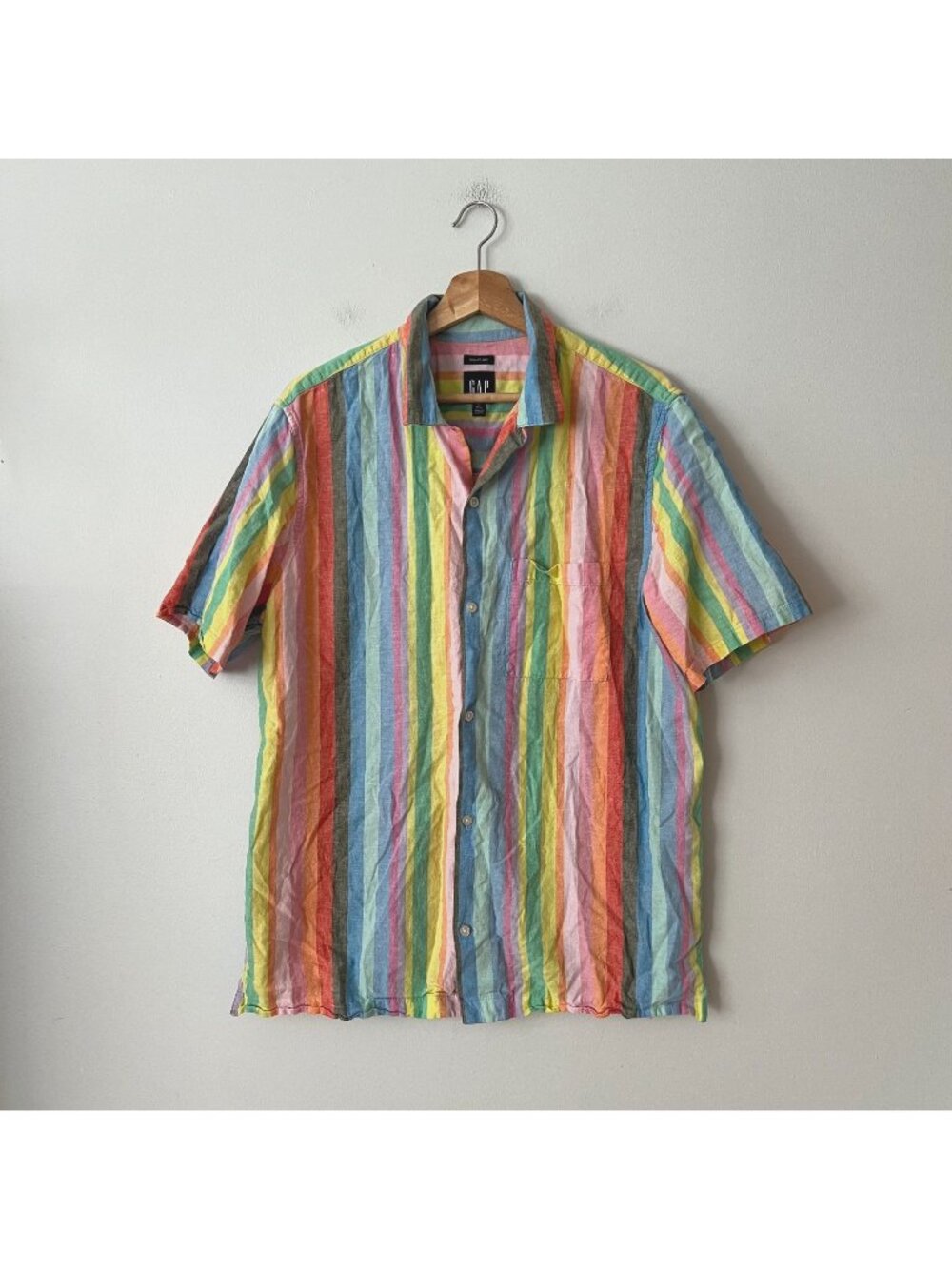 GAP Linen-Cotton Rainbow Striped Short Sleeve Button Up Shirt Men's Size L Tall